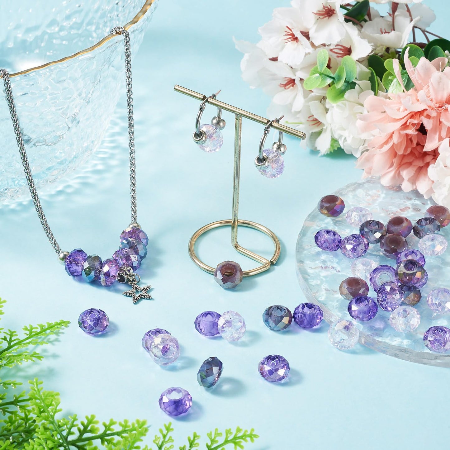 Craftdady 50Pcs Large Hole European Beads Glass Faceted Crystal Bead AB Color Rondelle Loose Bead Purple Color Theme Beads for Crafts DIY Necklace Bracelet Jewelry Making Hole: 5.5-6mm