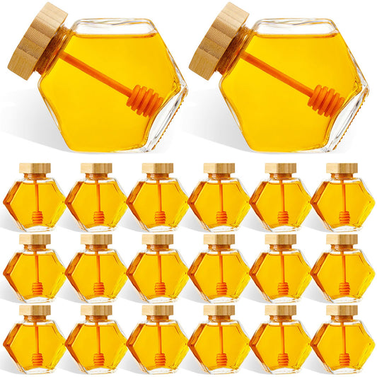 Sunnyray 20 Pcs Glass Honey Jars with Dipper Hexagonal Clear Glass Dispenser Small Honey Containers Bottle with Wooden Dipper and Cork Lid for Home Storage Kitchen (220 ml)