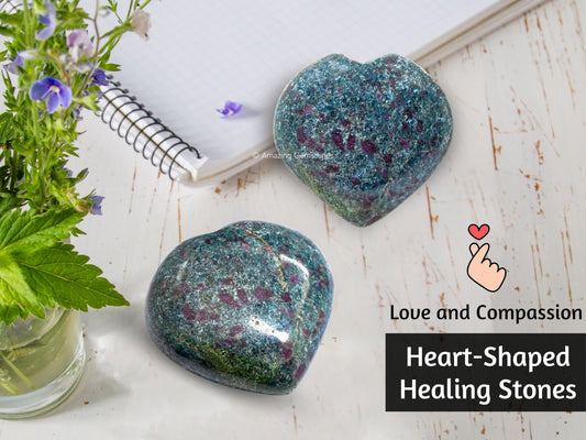 Amazing Gemstone Ruby Kyanite Crystal Heart Palm Stone - Pocket Massage Worry Stone for Natural Body Chakra Balancing, Reiki Healing and Crystal Grid