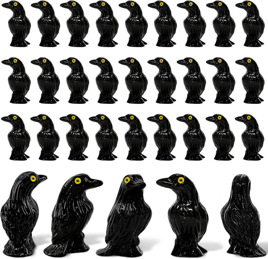 Skiennix Miniature Crows Figures - 36pcs Tiny Black Raven Figurines for Halloween Decor & Cupcake Toppers