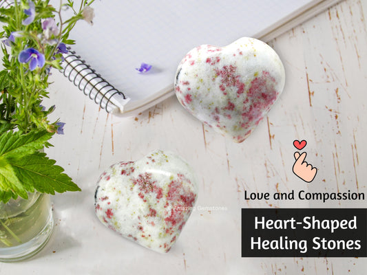 Amazing Gemstone Cinnabarite Crystal Heart Palm Stone - Pocket Massage Worry Stone for Natural Body Chakra Balancing, Reiki Healing and Crystal Grid