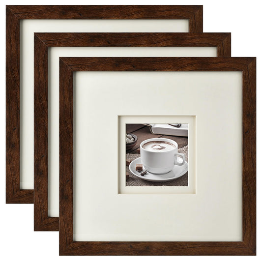 Yaetm 10x10 Square Picture Frame with Double Floating Ivory Mat 4x4, Brown Wood Grain Photo Frame with HD Tempered Glass for Wall Gallery, Home and Office, Wall Mounting, 3 Pack