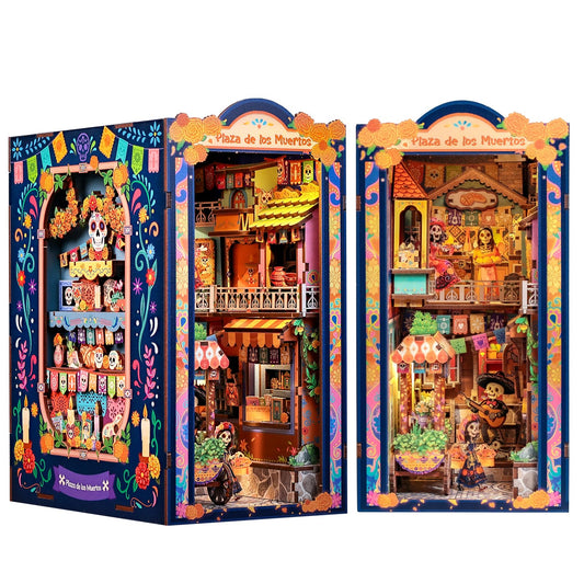 CUTEBEE Book Nook Kit - Mexican Fiesta DIY Miniature Dollhouse, Vibrant LED Bookshelf Decor Alley Model for Adults Teens, Gifts for Family and Friends（Plaza de Los Muertos）