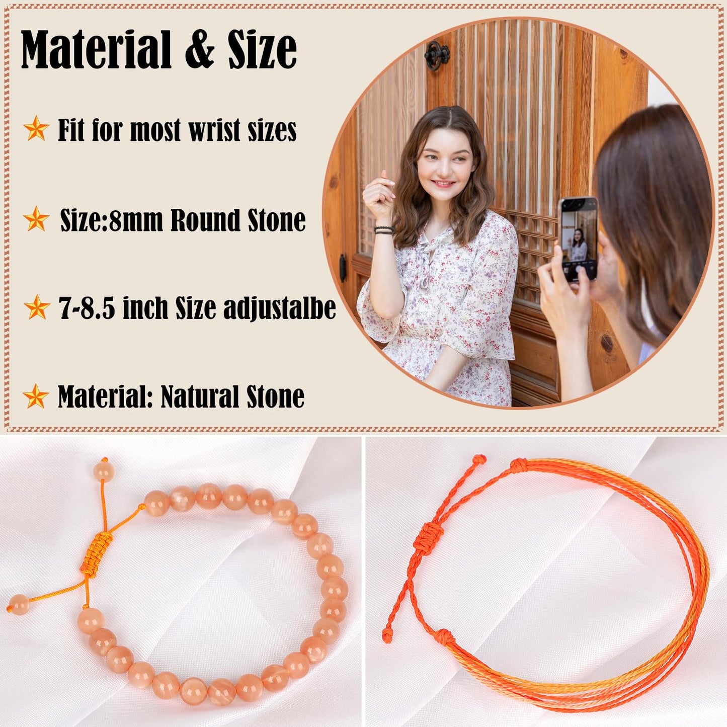 LPBeads 8mm SunStone Bracelet with Handmade Rope Bracelet Size Adjustable Natural Stone Crystal Healing Bracelets Gifts for Unisex Adults