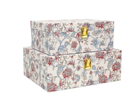 MIZFRUZZY 2-Piece Decorative Storage Boxes with Lids, Illustrated Botanical Floral Design in Soft Vintage Tones, Keepsake Boxes with Decorative Metal Closure, Memory Storage Boxes for Home Décor