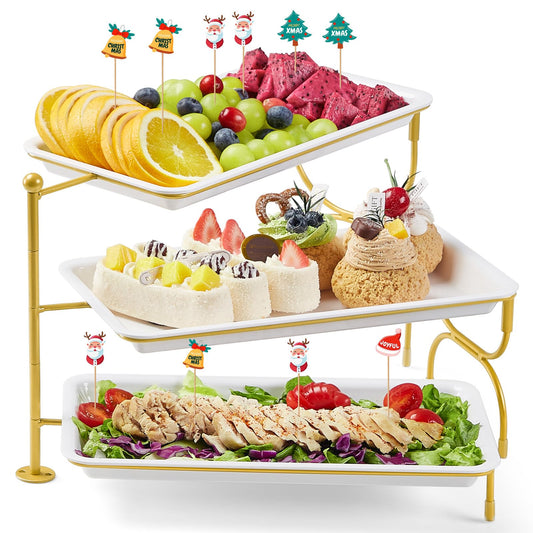 Lifewit 3 Tier Serving Tray for Party, 30 x 17 cm/12 x 6.5 Plastic Serving Platters, White Rotating Tiered Tray with Gold Collapsible Metal Stand, Decorative Dessert Table Display Set for Buffet