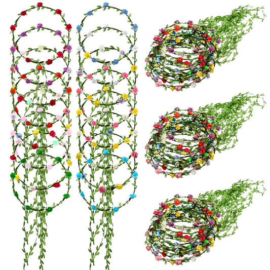 Karenhi 100 Pcs Assorted Colored Flower Crown Bohemian Floral Garland Headbands for Women Green Leaves Garland Headpiece for Women
