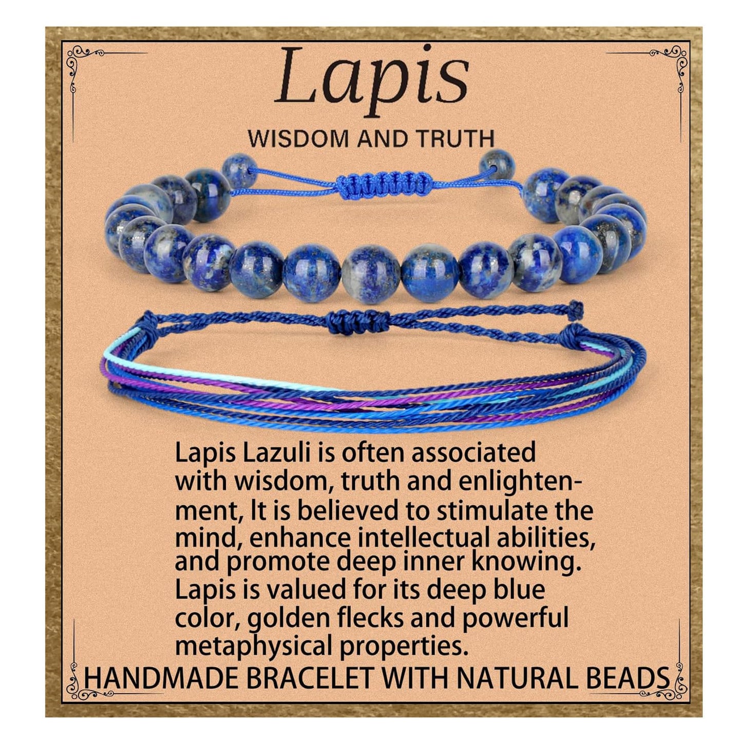 LPBeads 8mm Blue Lapis Bracelet with Handmade Rope Bracelet Size Adjustable Natural Stone Crystal Healing Bracelets Gifts for Unisex Adults