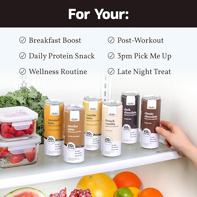 Slate Milk - High Protein Milk Shake - Classic Chocolate - Lactose Free, 20g Protein, 1g Sugar, 100 Calories, 2g Net Carbs, No Added Sugar - Natural, Breakfast Boost, Post Workout - 11 fl oz, 48 Cans
