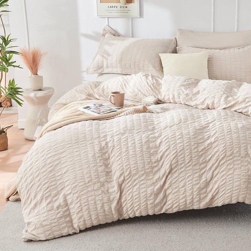HYMOKEGE California King Comforter Set - 7-Piece Seersucker Luxury Bedding in Beige for All Seasons