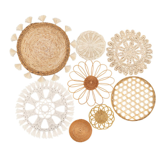 Boho Wall Basket Decor Set of 8 - Flat Woven Basket Wall Hanging Decor,Round Tassels White Macrame Tapestry Wall Decor Art,Handmade Rattan Wicker Seagrass Home Wall Baskets Decor（Boho Classic)