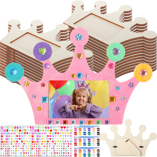 Blueweenly 24 Pcs DIY Picture Frame Painting Craft Kits for Kids Wooden Crown Princess Party Favors Paint and DIY Your Own Frame with 88 Cell Rhinestone Stickers 12 Color Paint Girl Birthday (Vintage)