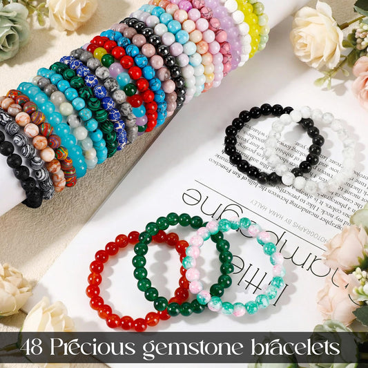 Landical 48 Pcs 8mm Round Beaded Bracelets for Women Men Semi Precious Gemstones Bracelets Crystal Stone Bracelet for Unisex