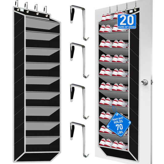 zebricolo Over the Door Shoe Organizer, Large Shoe Rack for Door 10 Tiers, Heavy Duty Metal Hanging Hook for Shoe Storage, Space Saving Shoe Holder Fits All Family Heels Boots Sneakers - Grey