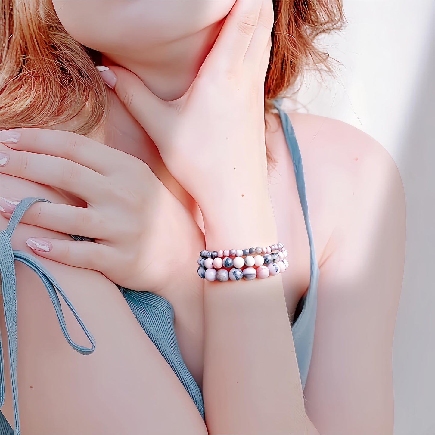 CINSKYING 3Pcs Healing Crystal Pink Zebra Jasper Bracelets for Women Men 8mm 6mm 4mm Natural Stone Beaded Stretch Bracelet Jewelry Gifts for Women Girl Teen for Mom Daugter (T5-Pink Zebra Jasper)