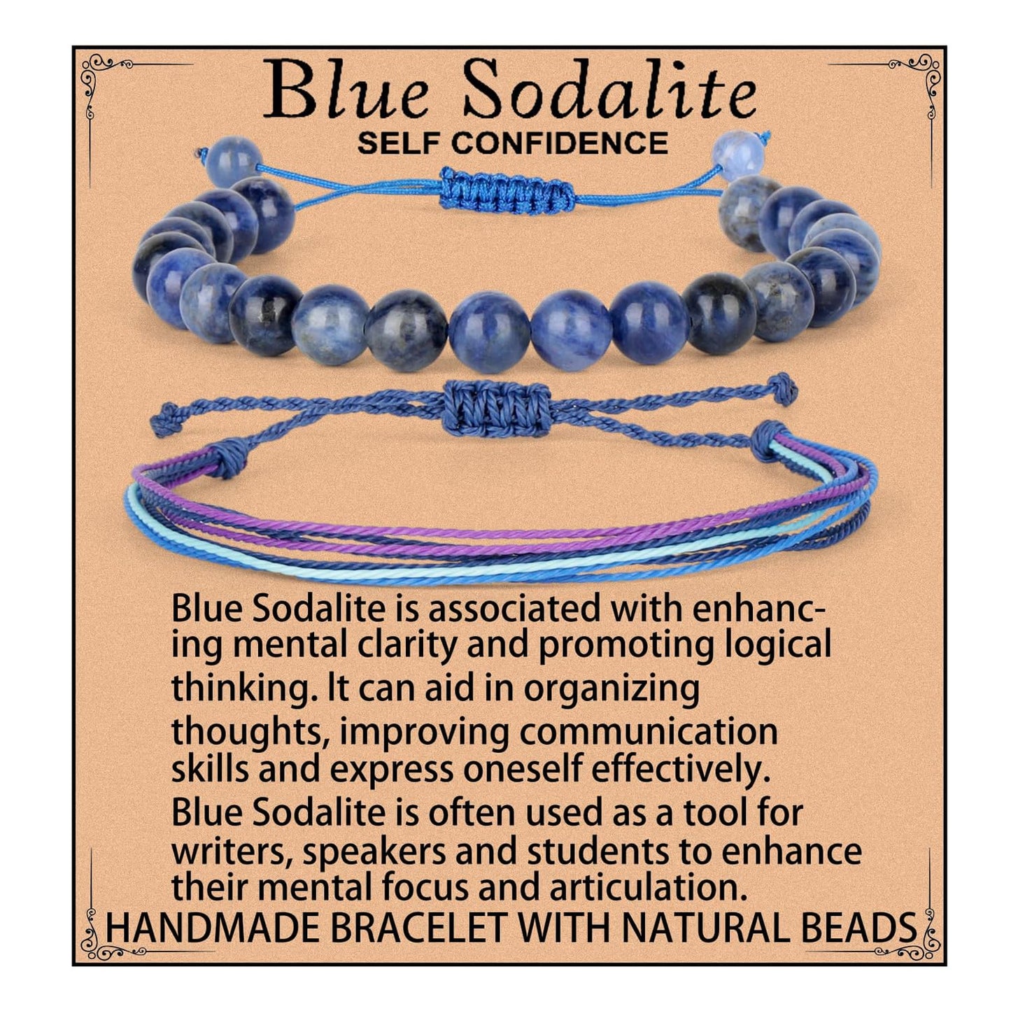 LPBeads 8mm Blue Sodalite Bracelet with Handmade Rope Bracelet Size Adjustable Natural Stone Crystal Healing Bracelets Gifts for Unisex Adults