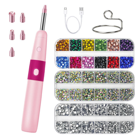 DIY Hotfix Applicator, 5 in 1 Hot Fixed Wand Bedazzler Kit, Rhinestones Setter Wand Tool with 5 Different Tip Sizes, DIY Bedazzler Kit with Rhinestones with Support Stand (Pink)