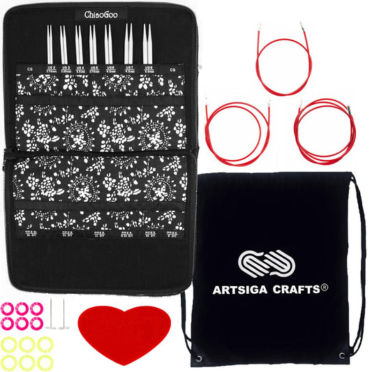 ChiaoGoo Twist Red Lace 5-Inch Small 7500-S Interchangeable Circular Knitting Needle Set, Sizes US 2, 3, 4, 5, 6, 7, 8, Stainless Steel with 3 Cords with Project Bag