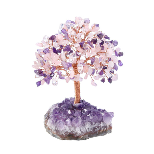 Jovivi Natural Amethyst + Clear Quartz + Rose Quartz Healing Crystal Money Tree on Amethyst Cluster Geode Druzy Base Feng Shui Crystals for Home Office Desk Decorations, Wealth, Good Luck