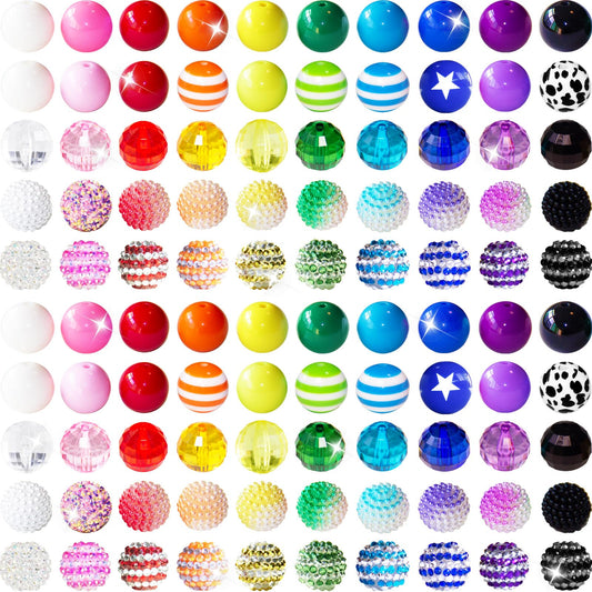 100Pcs 20mm Beads for Pens Making Rhinestone Beads Mixed Acrylic Bubblegum Bead Crystal Round Sparkly Chunky Bead for Pens Beadable Bracelet Necklace Keychain DIY Craft Jewelry Making Supplies