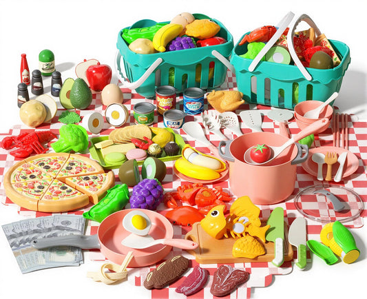150Pcs Kitchen Playset, Toddlers Pretend Cooking Cookware Accessories, Food, Picnic Blanket, Fruits, Veges, 2Pack Shopping Storage Basket, Dessert and Prop Money, Gift for Kids (Pink)