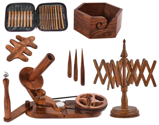 Brainmart Rosewood Yarn Winder & Swift with Wooden Yarn Bowl – 30pcs Crochet Kit | Handcrafted Wooden Ball Winder, Crochet Hooks Set, Bobbins, Weaving Needles for Knitting, Crocheting & Weaving