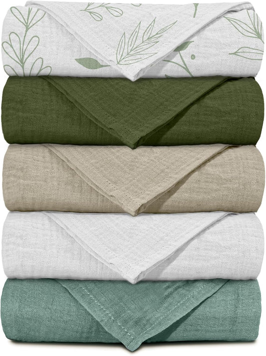 Skiennix Muslin Receiving Blankets - Breathable Neutral Swaddle Wraps for Newborns | 5 Pack Bright Leaves