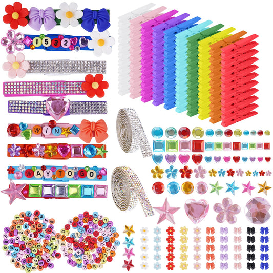 Aphlos 100PCS DIY Cheer Pin Decoration Kit with Wooden Clips, Mini Bows, Flowers, Glitter Ribbons, Rhinestone Stickers, Alphabet & Number Buttons, Cheerleading Craft Supplies for School Projects