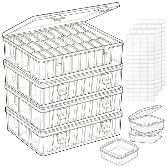 124 Pack Bead Organizer Box, Transparent Small Plastic Containers (4 Large Boxes and 120 Small Boxes), Bead Organizers and Storage with Blank Stickers for Bracelet Making DIY Jewelry Craft Nail