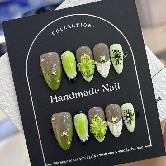 100% 5D Handmade Press on Nails Medium Almond Nails Press ons- Ocean Seashell False Nails Ombre Green Press on Nails Summer Fake Nails for Women Girls Daily Wear DIY Manicure Size L