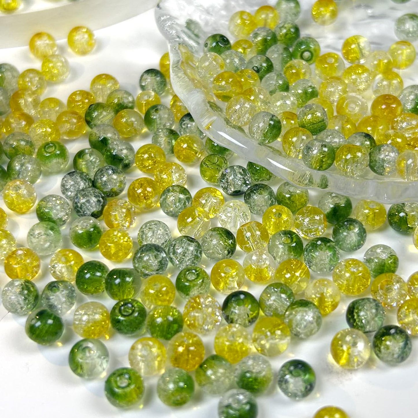 CRZSEELL 300pcs Crackle Glass Beads, 6mm Green and Yellow Crystal Round Beads for Jewelry Making, Loose Bulk Crafts Bead for Earrings Necklaces Bracelets