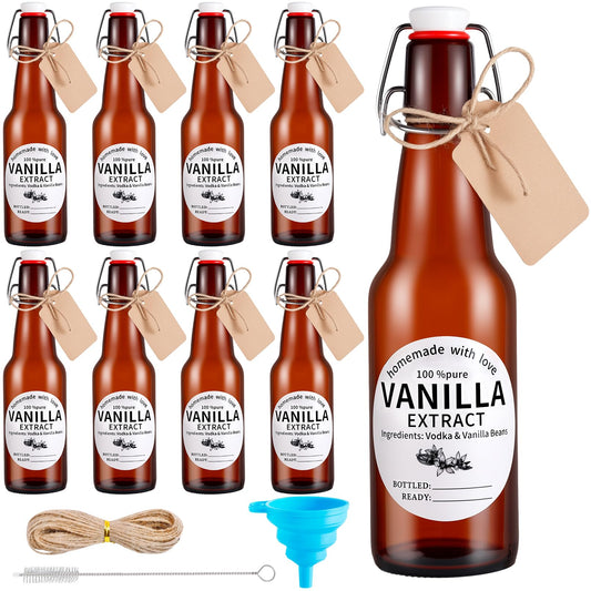 Dyrfolm 8 Pack 11 Oz Swing Top Glass Bottles Set - Glass Bottles for Vanilla Extract with Caps, Labels, Twine, Funnel & Brush, Reusable Flip Top Bottles for Home Brewing, Oil, Beer, Tea & DIY Crafts