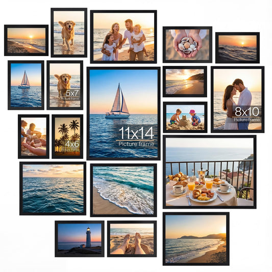WIFTREY 18 Pack Picture Frames Collage Wall Decor, Black Gallery Photo Frame Set for Mounting or Tabletop Display, Multi Sizes Including 6pcs 4x6, 6pcs 5x7, 4pcs 8x10, 2pcs 11x14