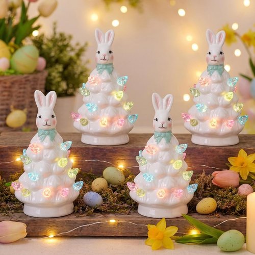 Leinuosen Mini 4-Inch Easter Bunny Ceramic Tabletop Tree - LED Lights & Hand-Painted Ornaments