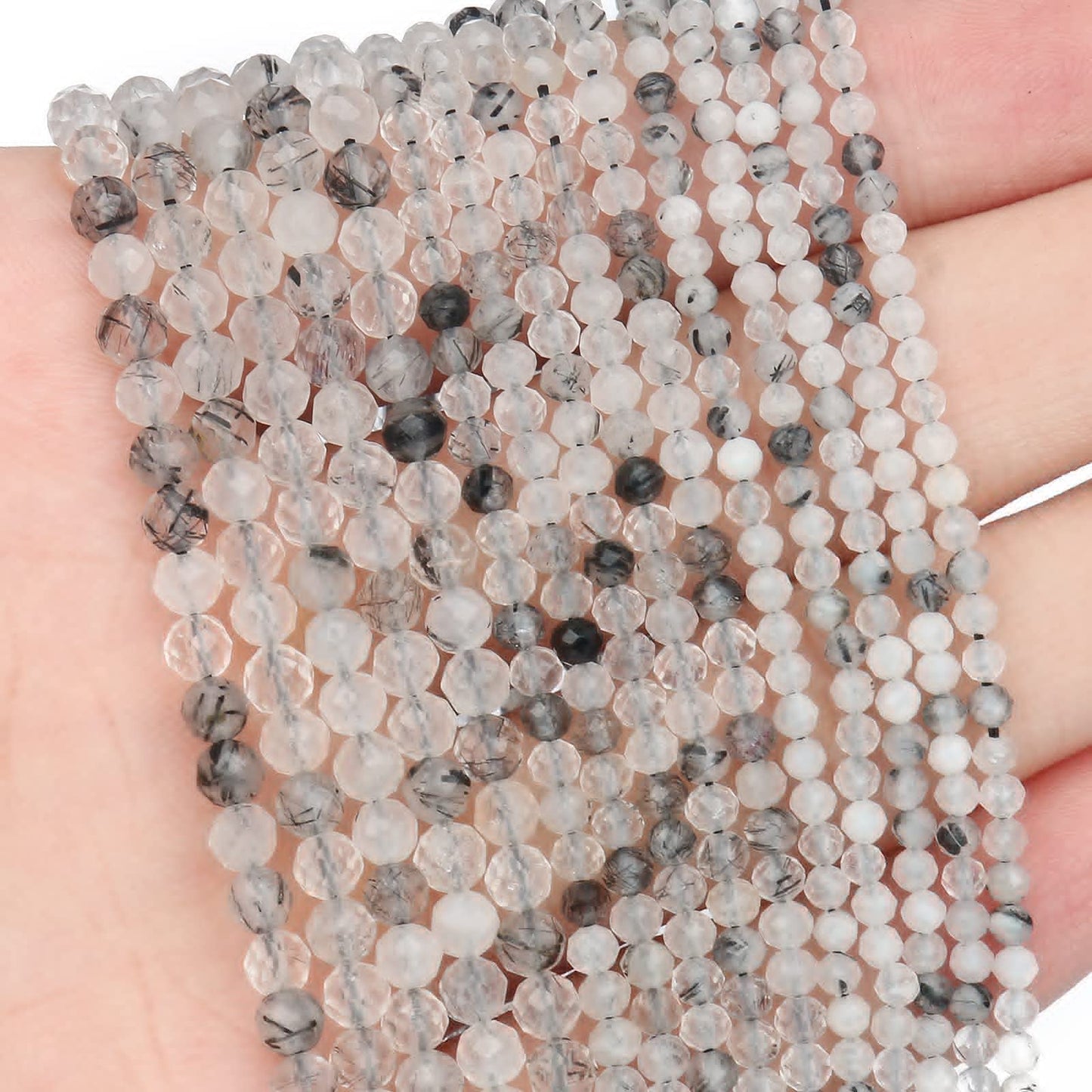 Song Xi 180pcs 2mm Natural Black Rutilated Quartz Gemstone Beads Faceted Round Loose Stone Beads for Jewelry Making (1 Strand)