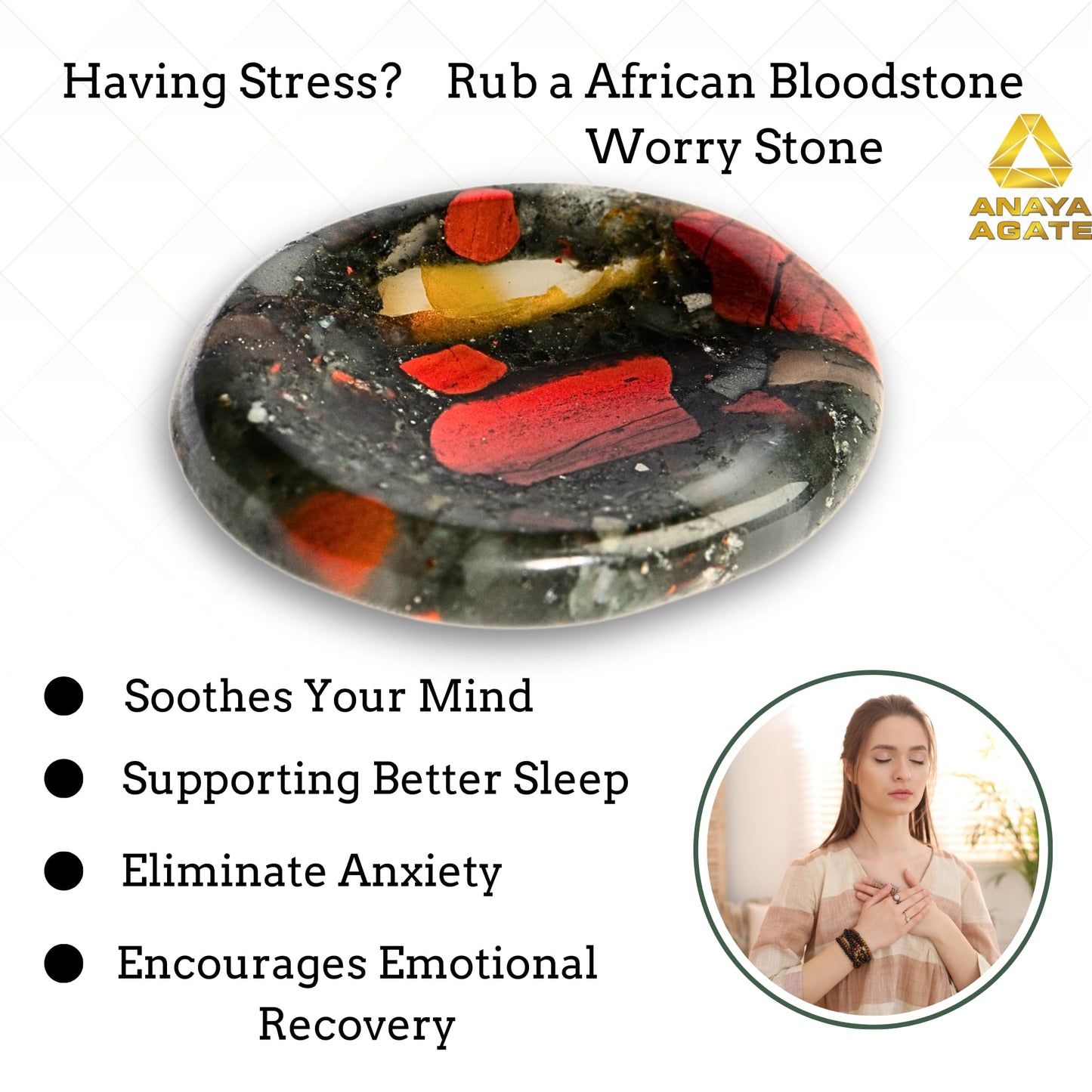 Anaya Agate African Bloodstone Worry Stones Certified Crystal Thumb Worry Stone for Anguish, Relaxing and Soothing Balance Stones for Meditation Stress Relief Crystals and Healing Stones for Men Women