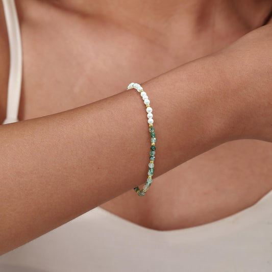IPEPPY 925 Sterling Silver Pearl Bracelets for Women Gold Natural Moss Agate Green Gemstone Bead Crystal Healing Bracelet Yoga Meditation Chakra Emerald Stone Bracelet Jewelry Gifts for Mom (Gold)