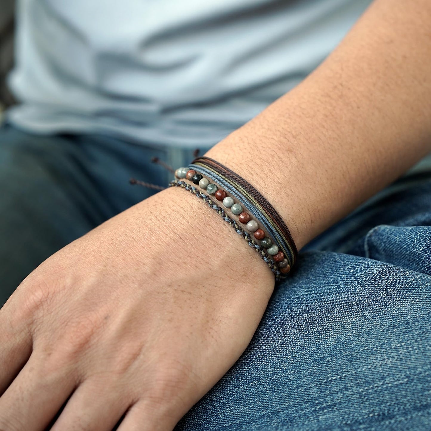 Handmade Natural Stone Beaded Healing Bracelet Gift for Men Adjustable Rope String Bracelet (Picture Jasper（Blue）, Adjustable)