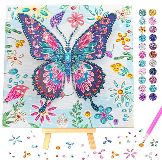 Arts and Crafts for Age 8-12, Framed Canvas Diamond Art Kits for Adults, Butterfly Diamond Art with Wooden Triangle Easel, Diamond Painting for Beginners, Birthday Gifts for Women, Gifts for Girls 6-8