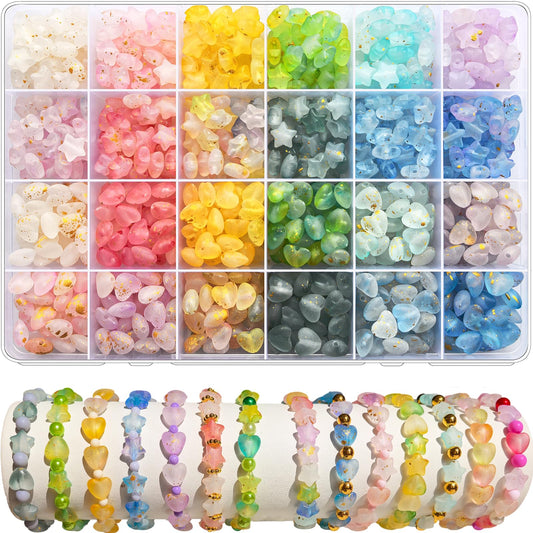 1000Pcs Matte Acrylic Star Beads Hart Beads for Jewelry Making Frosted Gold Foil Acrylic Beads Pastel Beads Colorful Assorted Bead Cute Aesthetic Kawaii Bead for Bracelet DIY Craft Earring Phone Charm