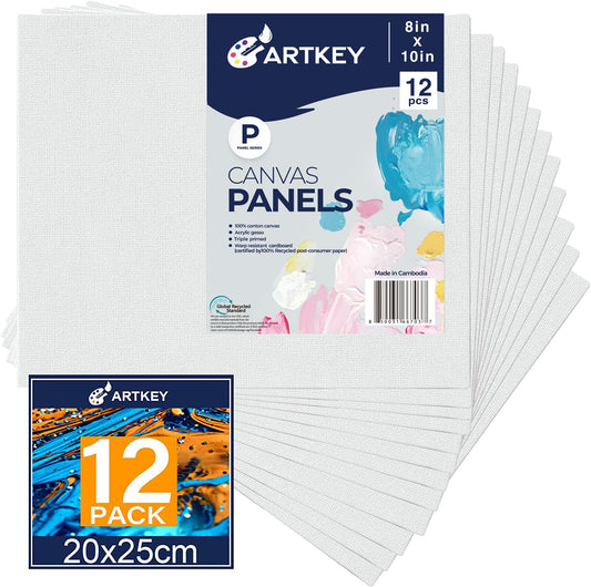 Artkey Canvas Boards for Painting 8x10 Inch 12 Pack, 10 oz Primed 100% Cotton White Blank Canvases for Painting, Art Supplies Paint Canvas Panels for Acrylic Oil Watercolor Tempera Paints