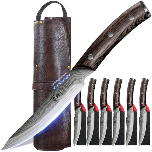 SYOKAMI Steak Knives Set of 6 with Portable Leather Roll & Individual Sheaths, 4.8 Inch Non Serrated Dinner Knives, High Carbon Stainless Steel, Full Tang Wood Handle, Gift Box for BBQ Outdoor Dining