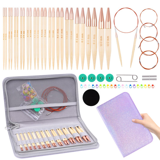 Hobekoee Bamboo Interchangeable Circular Knitting Needles Set 13 Pairs Interchangeable Knitting Needles 3.0mm~10.0mm