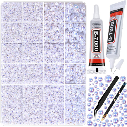 12900Pcs Half Pearl with Rhinestone Craft Glue, Flatback Pearls Beads White AB Assorted Size 3/4/5/6/8/10mm Craft Pearls Round Rhinestones for Makeup Nail Clothes Shoes Graduation Cap Decoration