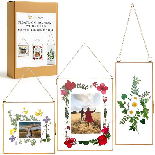 Double Glass Frame for Pressed Flowers, Leaf and Artwork - Set of 3 Hanging Picture Frames, 6x6, 6x8, 4x9 Floating Pressed Flower Frames, Square and Rectangular Wall Decor Photo Display, Clear Metal Glass Frames with Chain (Gold)