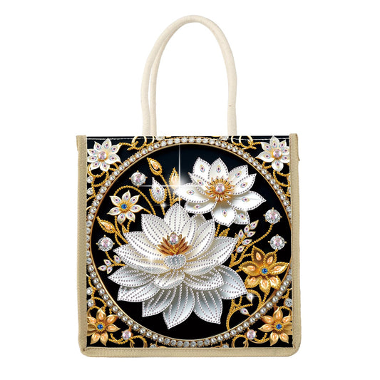 antor DIY Diamond Painting Tote Bag Kit for Adults, Lotus Flower Elegant Diamond Art Handbag Craft Storage Bag, Crystal Art Diamond Painting Bag for Casual Shopping, Travel, Daily Use, Gift