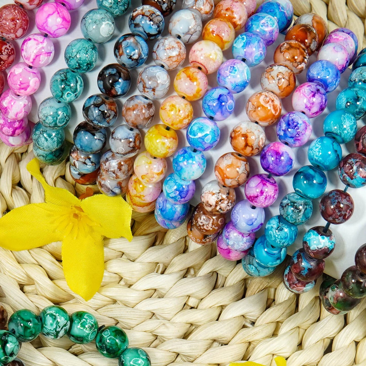 Glass Beads for Jewelry Making, 600pcs 8mm Glass Crystal Pattern Beads 24 Colors Snowflake Marble Gemstone Beads Imitation Jade Craft Charms for DIY Earrings Necklace Bracelet (Snowflake Crystal Bead)