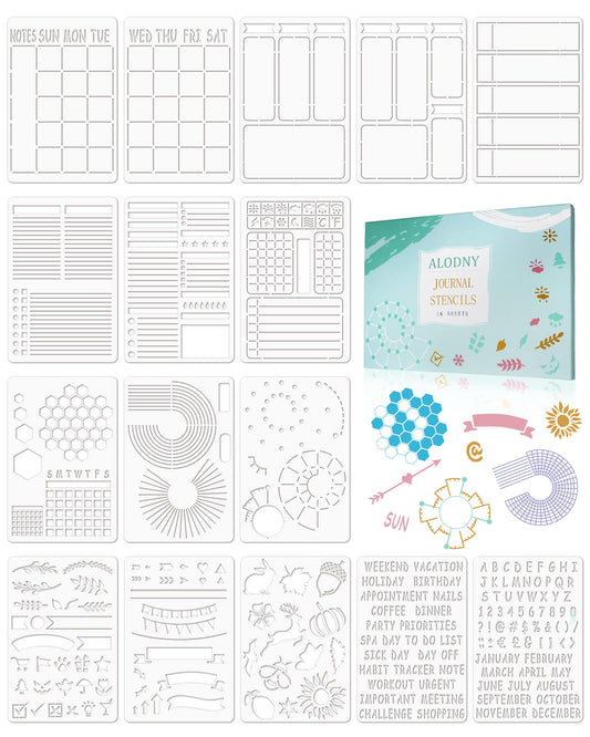 ALODNY 16 Pcs Journal Stencils Set - Time Saving Bullet Journaling Supplies/Accessories Kit -Ultimate Productivity Planner Stencil for Bullet Journal Stencils A5 Dotted Journals