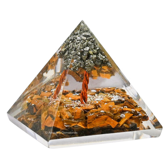 Amazing Gemstone Tiger Eye with Pyrite Tree Orgone Pyramid - 30mm Small Orgonite Pyramids with Crystals and Healing Stones - Authentic Organite Gifts