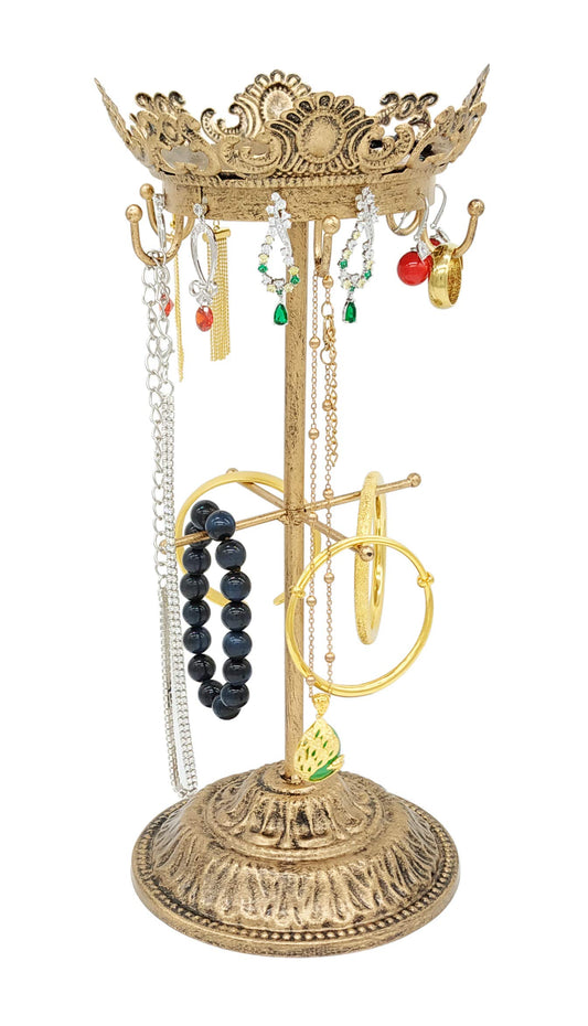 Vintage Crown Jewelry Tower Organizer - 13.1" Metal Jewelry Tree Stand, 6 Hooks, 12 Earring Holes & Bracelet Bars, Decorative Jewelry Display Holder for Necklaces, Earrings, Rings, Watches - Bronze